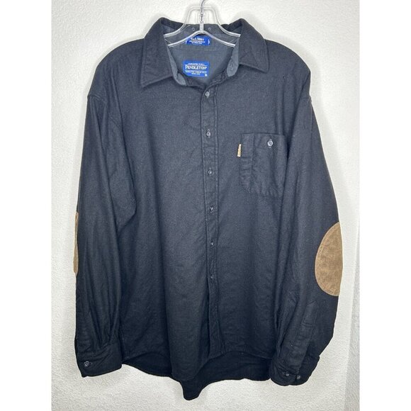 Woolrich Wool Shirt Mens XL Black Trail Shirt Virgin Wool Suede Elbow Patches - Picture 1 of 13